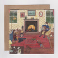 Illustrated living room scene with a fireplace and people around it.