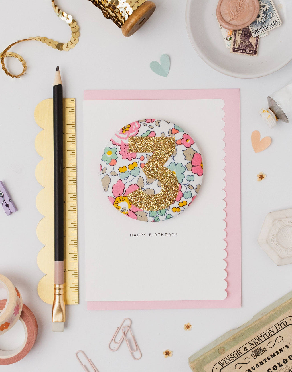 Birthday Card with Liberty 'Betsy Pink' Badge Age 3