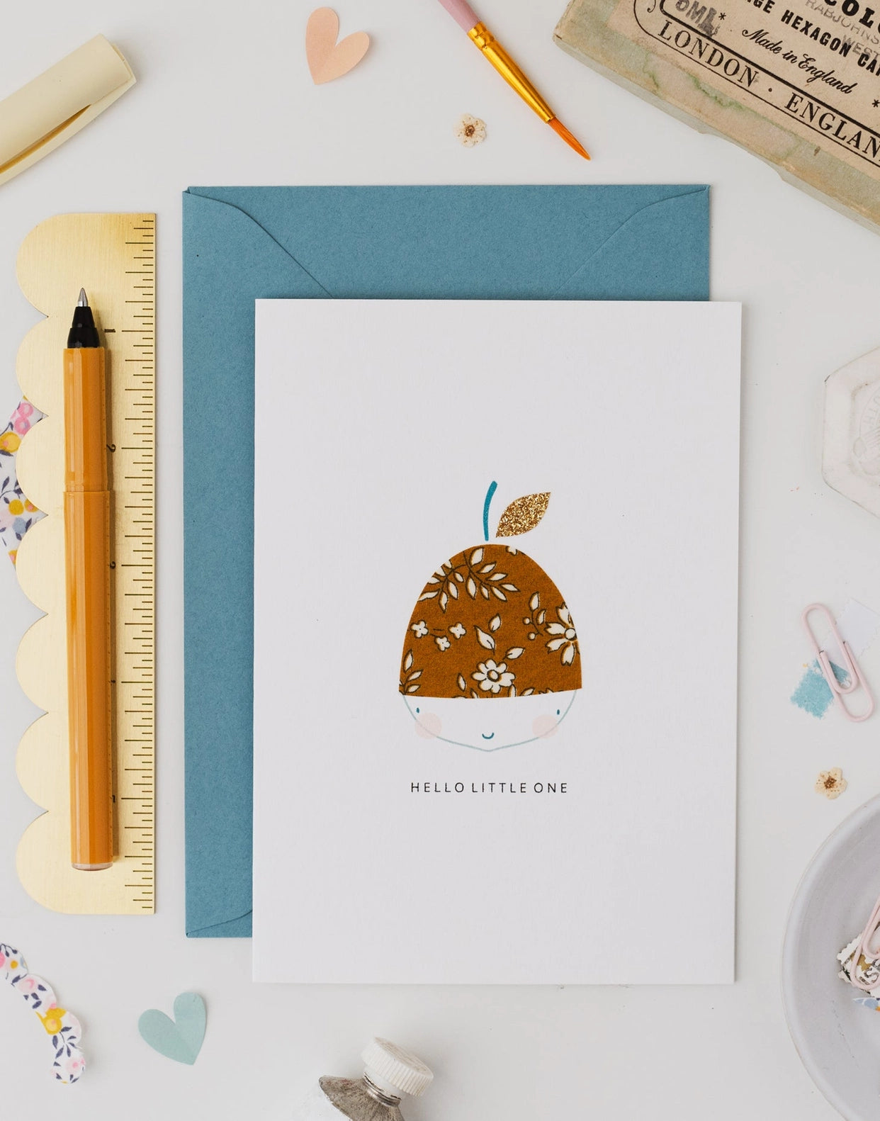 'Acorn New Baby' in Liberty Capel Mustard Fabric Greetings Card